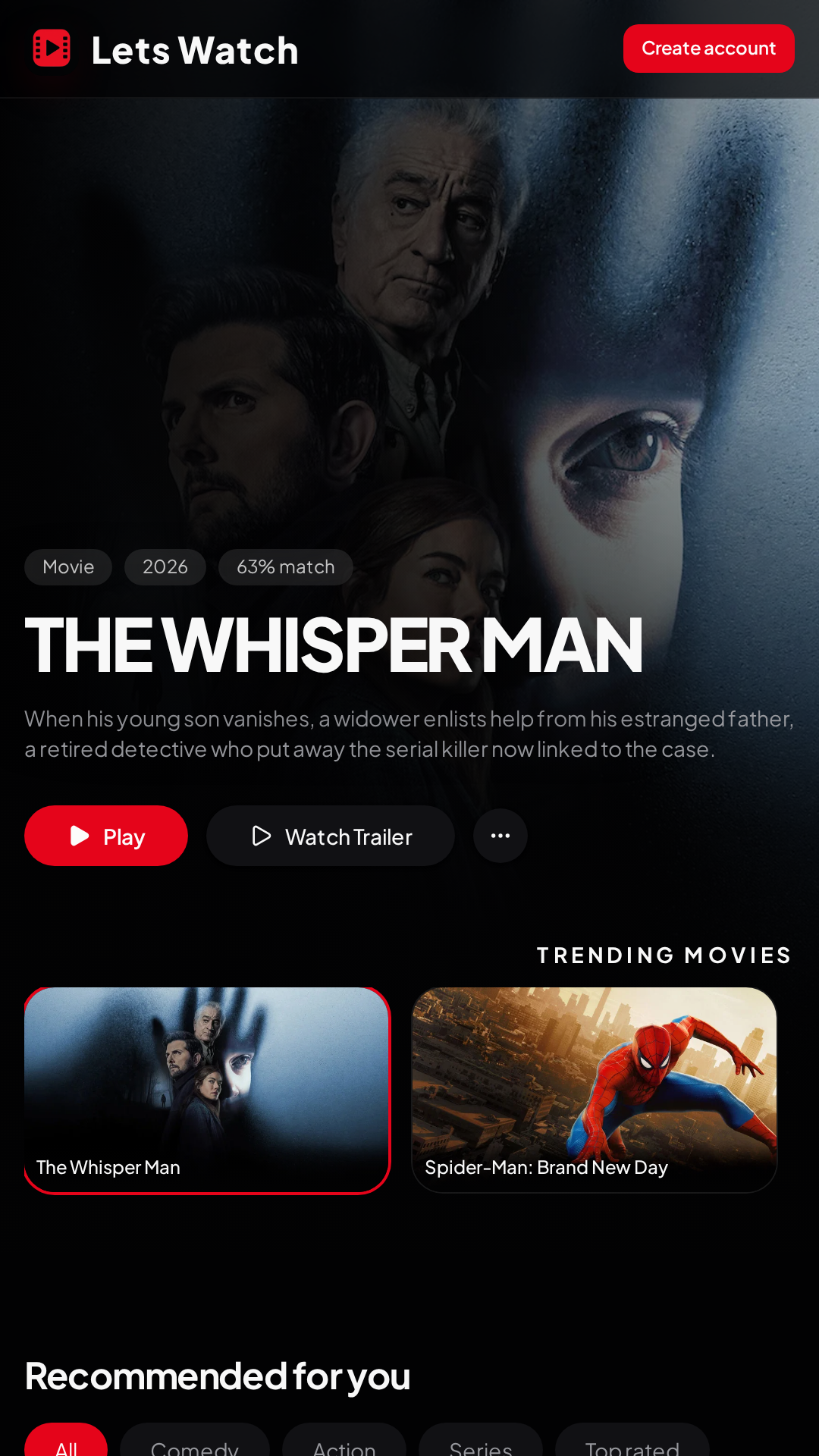 Lets Watch home screen with a cinematic trailer hero and poster rows