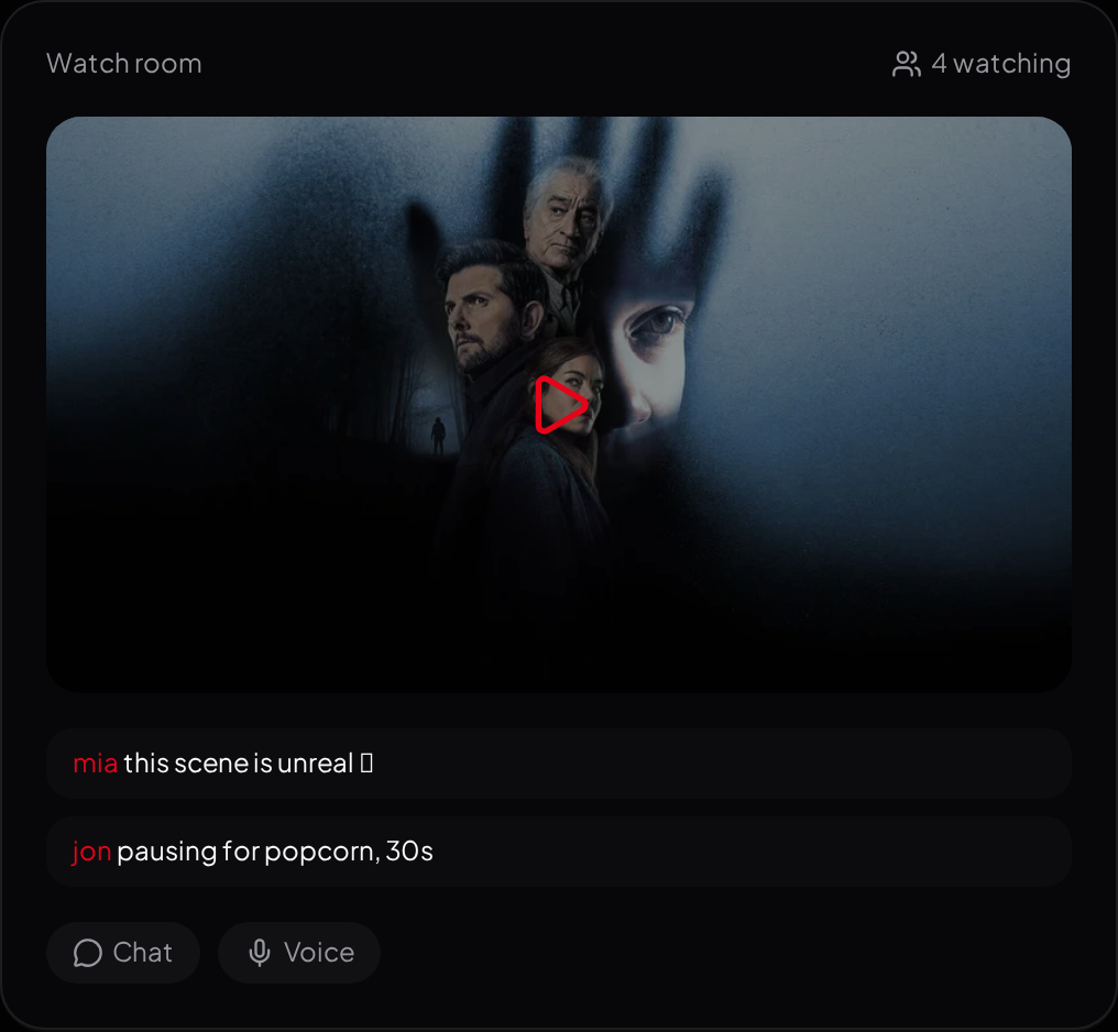 A synced watch room with live chat, reactions and the shared queue